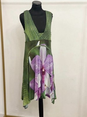 Roberto Cavalli Palm Leaf & Orchid Print Dress With Silk, Made In Italy