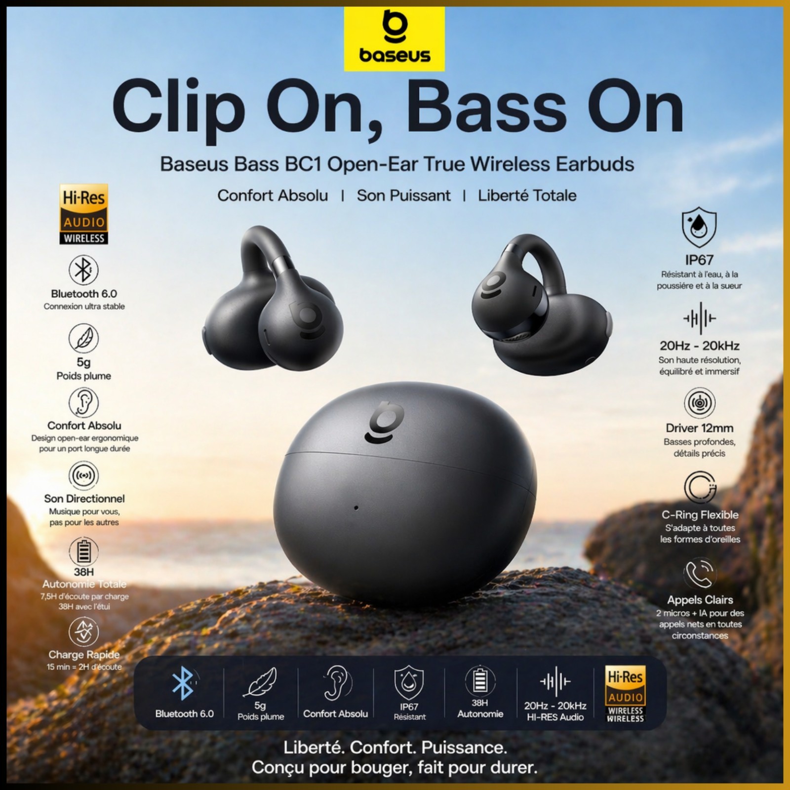 Écouteurs open-ear Baseus Bass BC1 finition premium design ergonomique