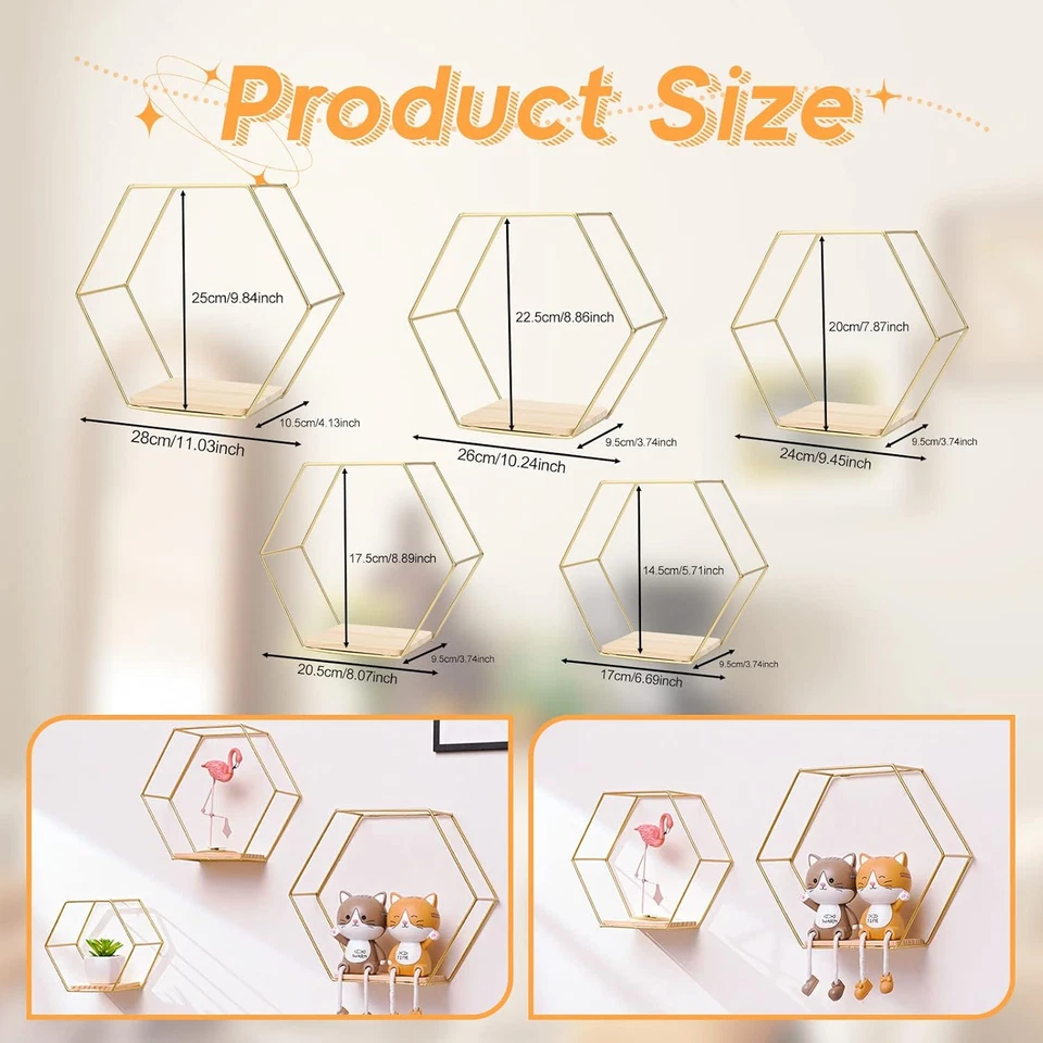 Scaffali Da Parete Esagonali, Set Di 5, Metallo, Cucina, Bagno, Soggiorno, Camer - Immagine 2 di 4