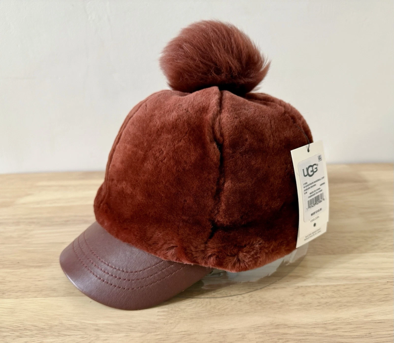 UGG Sheepskin Leather Auburn Brown Baseball Cap with Pompom S/M, Winter Hat, NWT