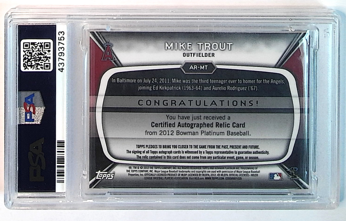 2012 Bowman Platinum Mike Trout #AR-MT Relic Autographs Patch AUTO Angels PSA 9 view 2