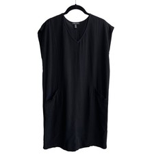 Eileen Fisher Petite Black Tencel Viscose V-Neck Pockets Shift Dress Petite Med