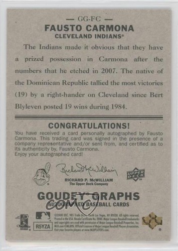 2008 Upper Deck Goudey Graphs Roberto Hernandez Fausto Carmona #GG-FC Auto - Picture 2 of 3