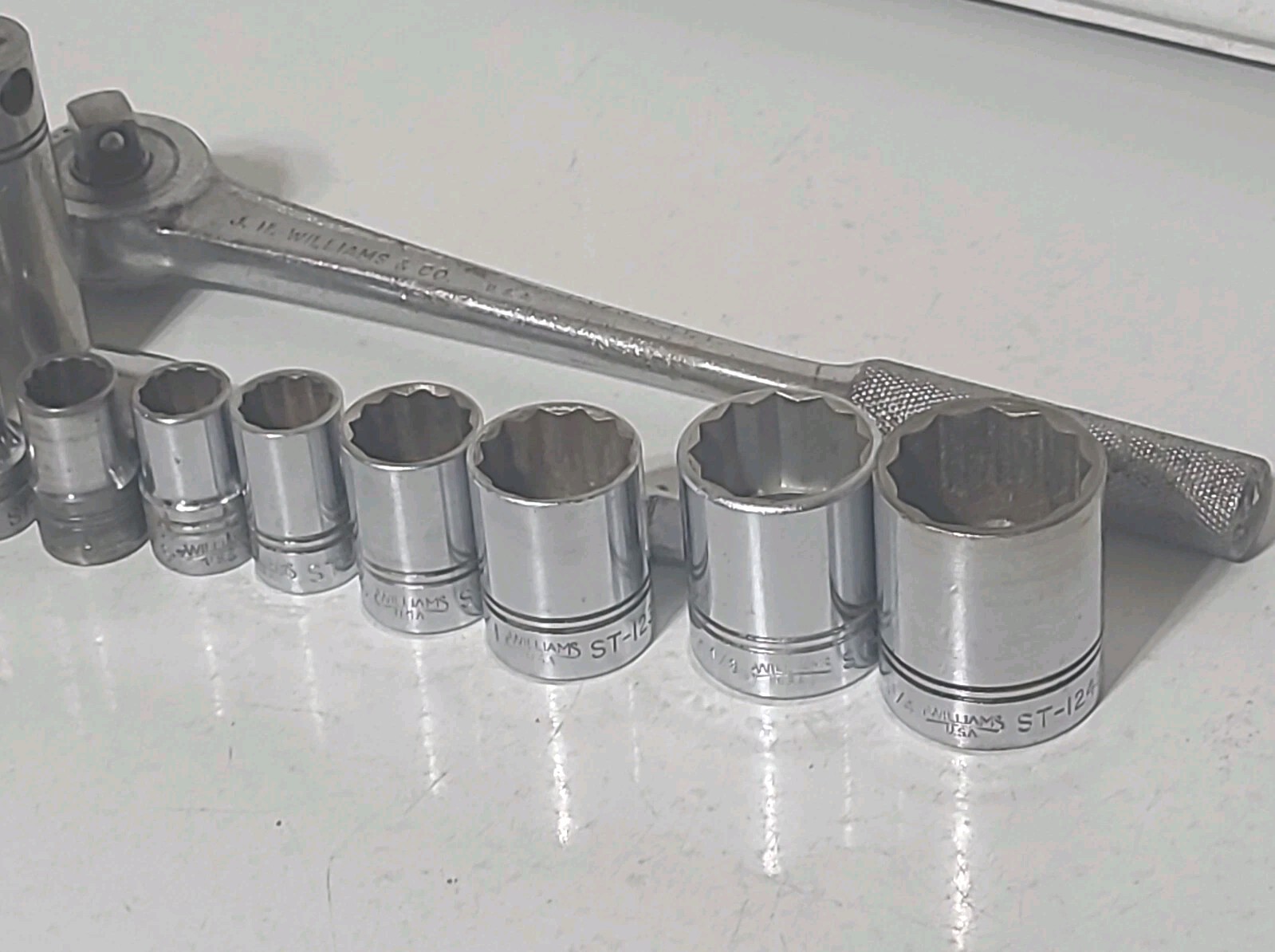 Vintage 15 Pc Williams 1/2" Dr. Mixed Socket Set Scroll Logo S-52 Ratchet Tools 