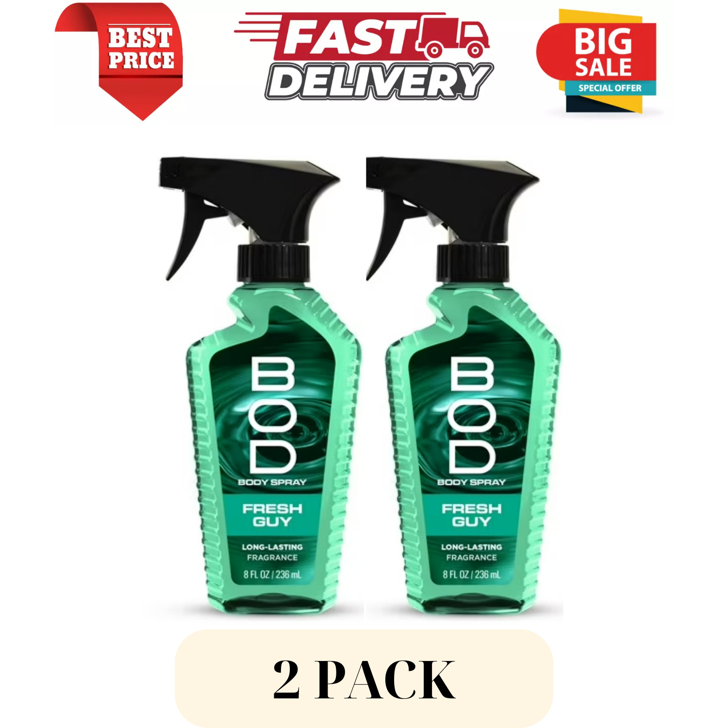 (2 Pack) BOD Man Fragrance Body Spray, Fresh Guy, 8 fl oz, Free Shipping