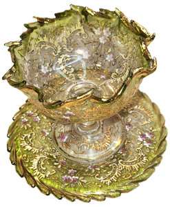 BOHEMIAN MOSER COMPOTE BOWL AND SAUCER, YELLOW/GREEN  WITH GOLD,  Circa 1890.
