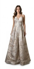 Eliza J Evening Floral Jacquard Evening Gown, Tan/ Beige/ White Size 12