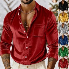 Men's Velvet Shirt Casual Slim Shirts Long Sleeve Button Down Tops Blouse