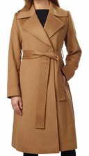 George Simonton Couture Women's Cashmere Long Belted Wrap Coat -black/tan Size 4