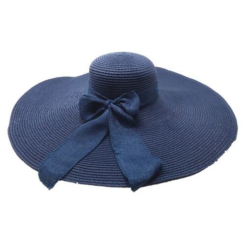 Bow Detail Straw Floppy Sun Hat (Navy 