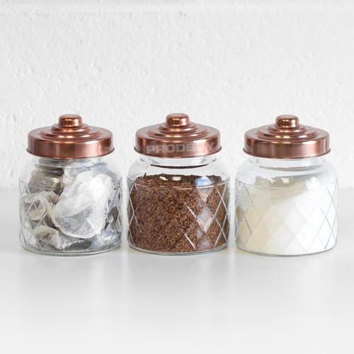 Set of 3 Glass Storage Jars Copper Lids Tea Coffee Sugar Kitchen