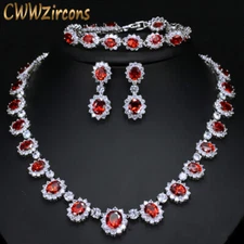 CWWZircons Round CZ Big Bridal Red Necklace Earrings Bracelet Sets Jewelry Gift