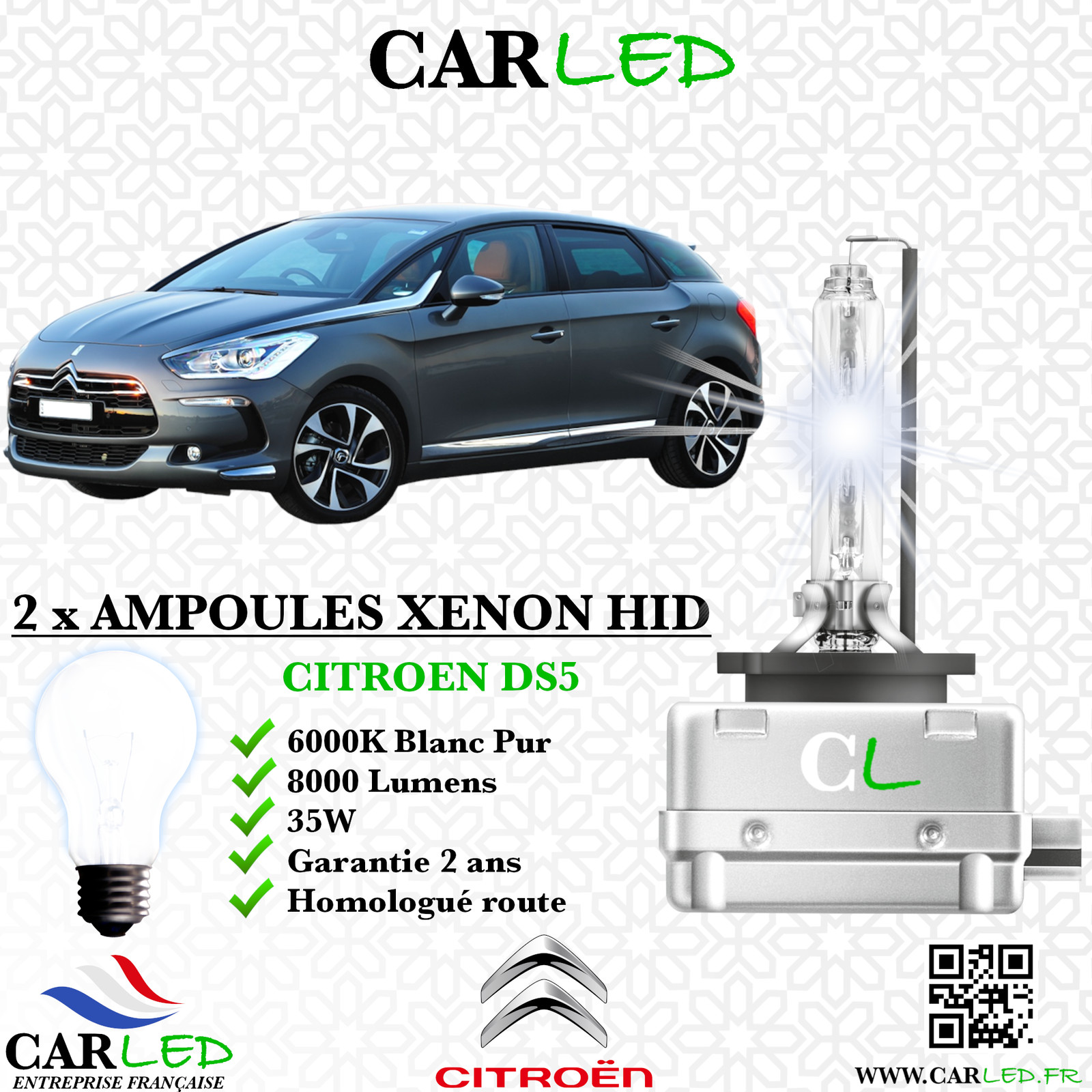 Ampoule HID Xénon 6000K CARLED kit 35W 8000lm anti-fatigue oculaire pour CITROEN DS5