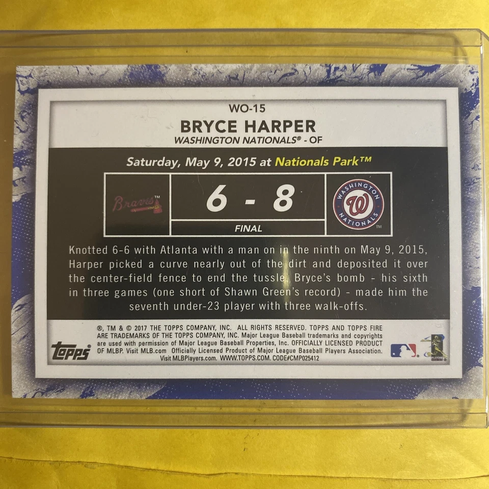 2017 Topps Fire #WO-15 Bryce Harper Walk It Off Gold Minted PWE - Image 2 of 2