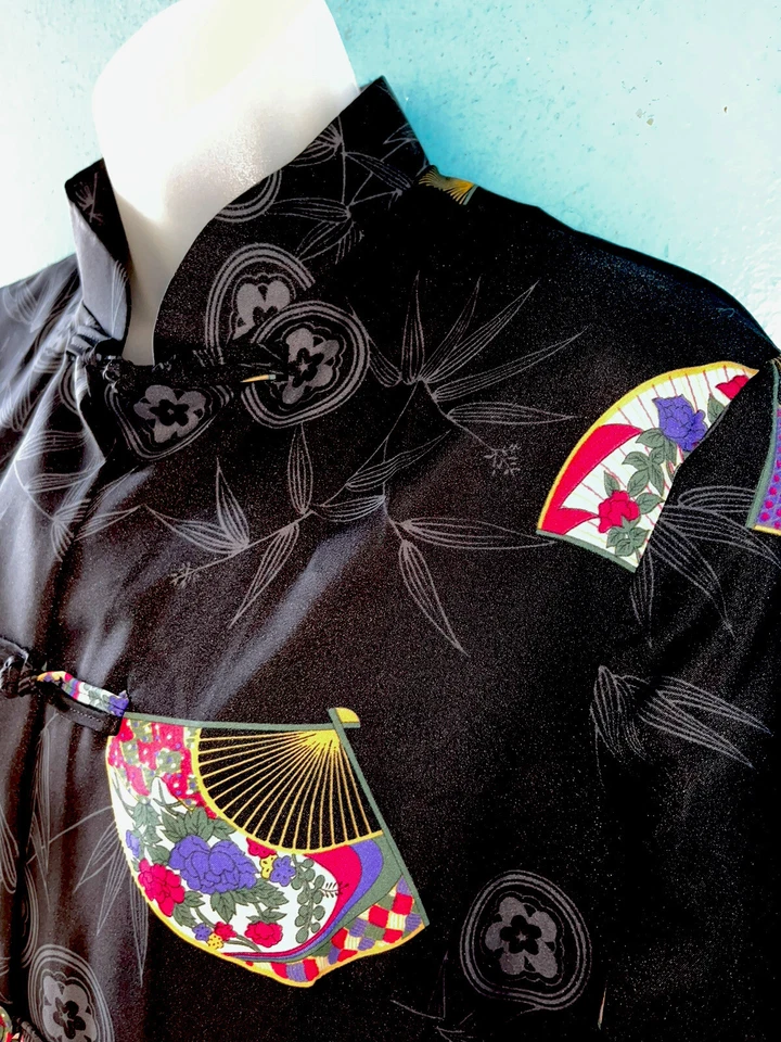 New Kimo’s Polynesian Shop 1960s 70s Hawaiian kimono robe black Asian Fans-Sz 14 - Image 3 of 4