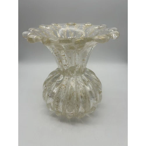 Vintage Murano Glass Vase Clear Art Glass Gold Flecks 6.25"