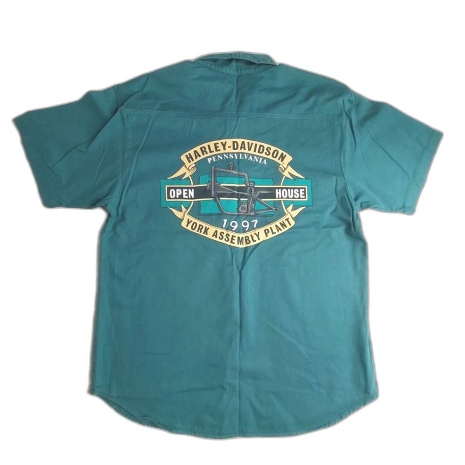 Harley Davidson Mens Large Button Down Teal Open House York PA Assembly