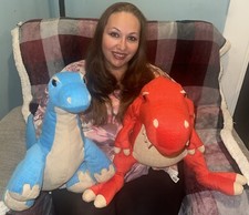 Toys R Us Animal Alley Blue Brontosaurus  Red T-Rex Plush 26" Dinosaur Lot Of 2