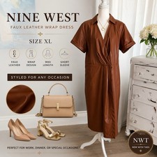 Nine West Faux Leather Wrap Midi Dress Brown Short Sleeve XL Women’s NW