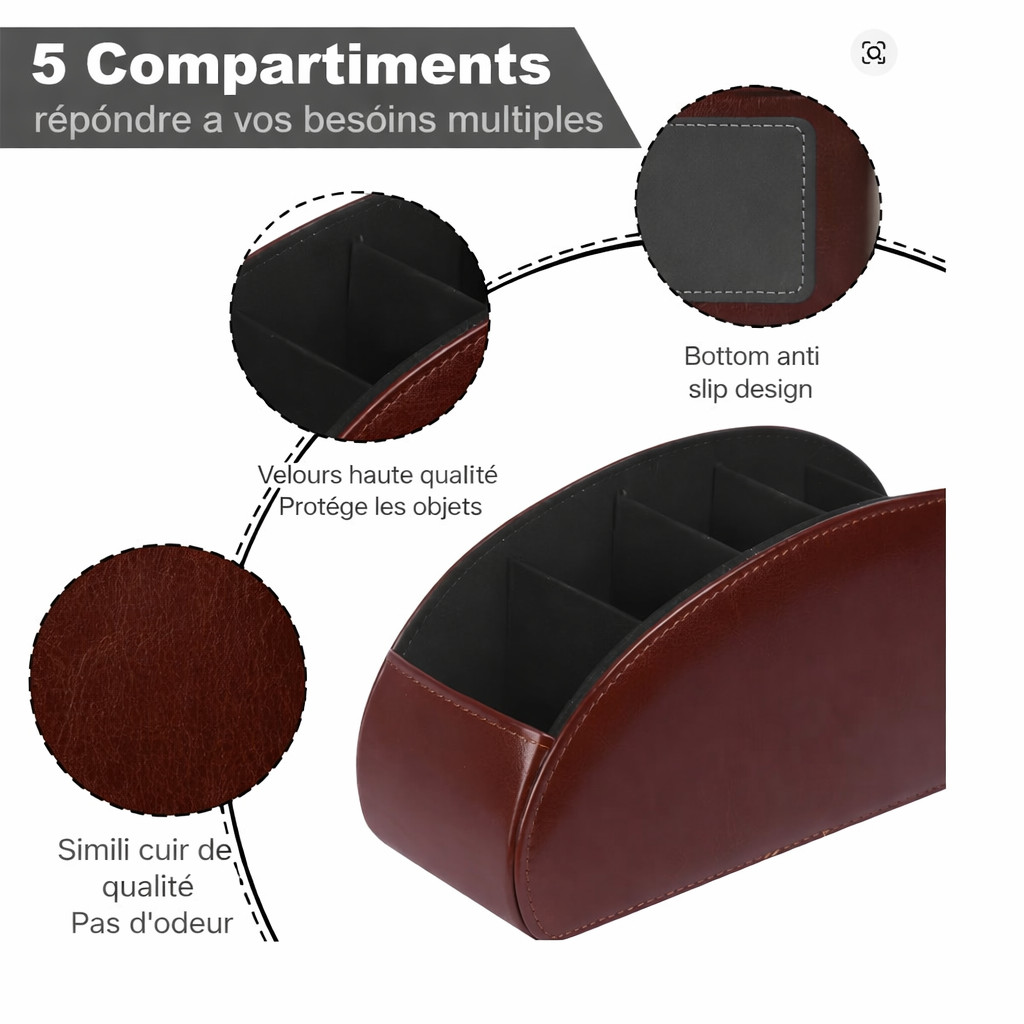 Support télécommandes à 5 compartiments en aspect cuir noir pour ranger le salon - 3