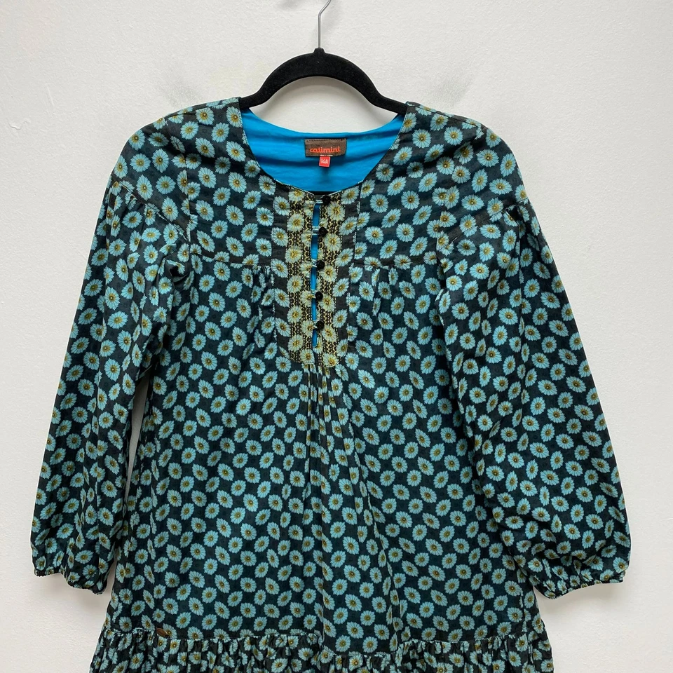 Catimini девочек зеленый цветочный длинным рукавом с оборками кромки полностью с подкладкой туника платье 14A - Изображение 2 из 4