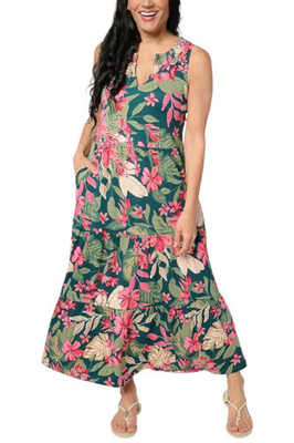#ad Cuddl Duds Women#x27;s Flexwear Tiered Maxi Dress Green Jungle Flrl $27.99