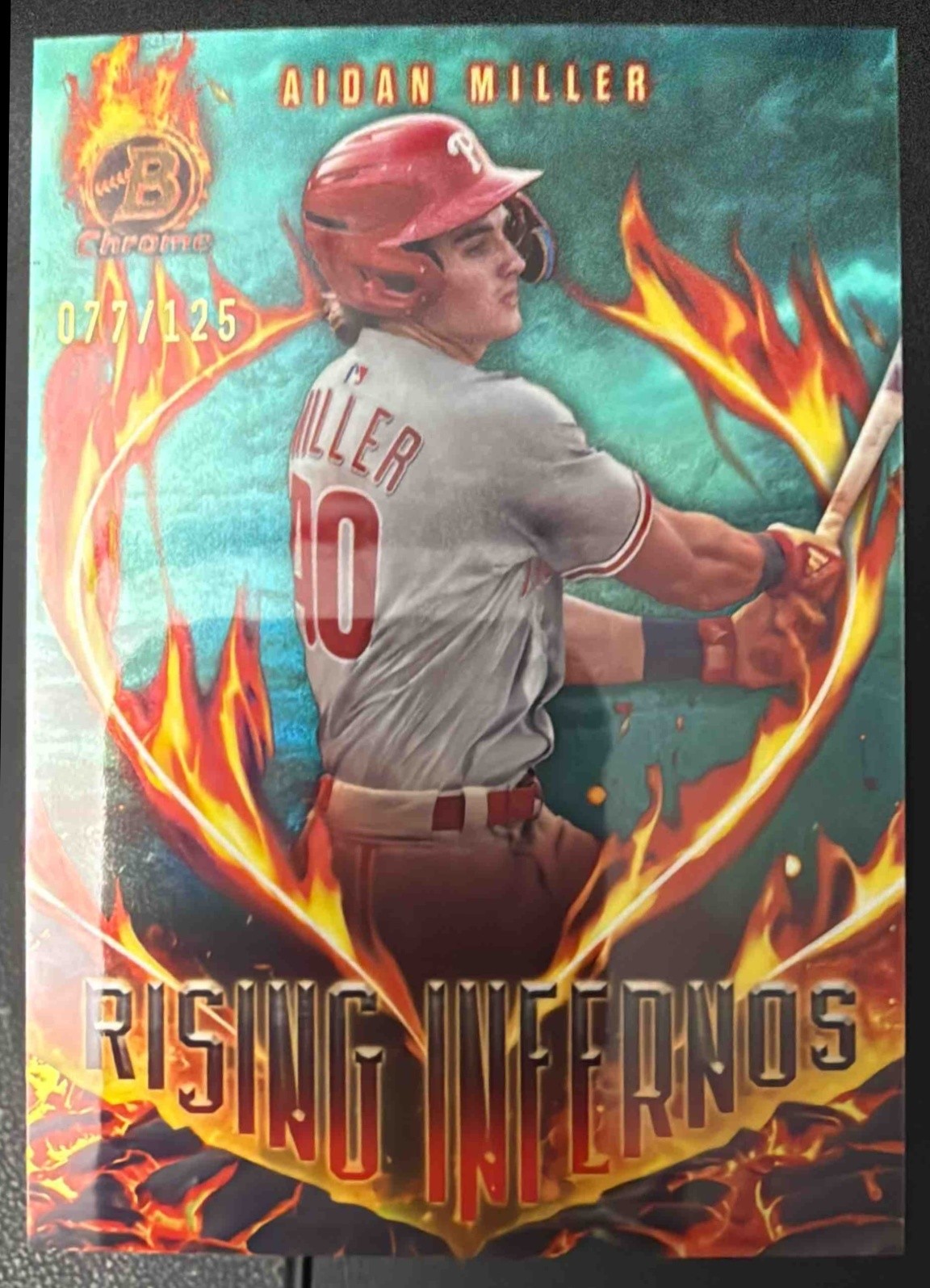 2024 Bowman Aidan Miller #RI-17 Rising Infernos Chrome Aqua Refractor /125