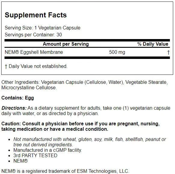 Membrana de cáscara de huevo natural Healthy Origins 500 mg 30 cápsulas vegetales Foto 2 de 2