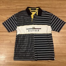 Tommy Hilfiger Vintage Rugby Polo Shirt Mens XL Black White Stripe Big Logo