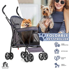 4 Wheels Foldable Pet Stroller Cat Dog Travel Carrier Skylight w/Storage Basket