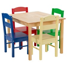 Kids 5 Piece Table Chair Set Pine Wood Multicolor Children Play Room Furniture