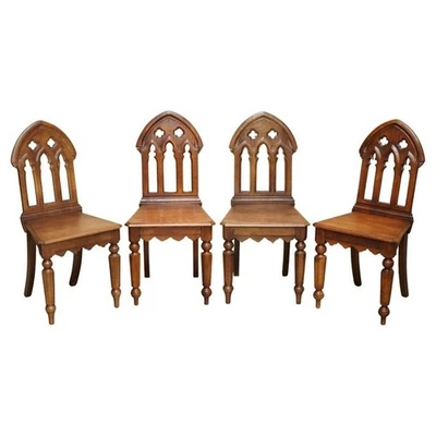 QUATRE CHAISES DE HALL ARRIÈRE CLOCHER RENAISSANCE GOTHIQUE SCULPTÉES À LA MAIN EN CHÊNE ANGLAIS VERS 1920 - Photo 1/4