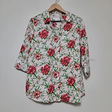 Charter Club Shirt Woman Medium Pink Linen Blend Carnations Flowers Button Up