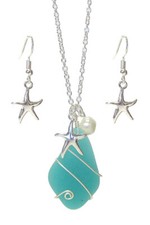 Wire Wrap Sea Glass and Metal Starfish Pendant Necklace and Earrings Set