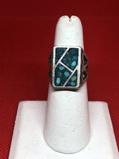 VTG NATIVE AMERICAN INLAID CRUSHED TURQUOISE STERLING SILVER RING SIZE 8