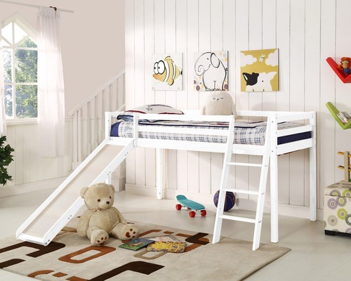 Kids Bunk Bed Mid Sleeper with Slide and Ladder Wooden Cabin Bed White Grey Wood - Picture 5 of 9