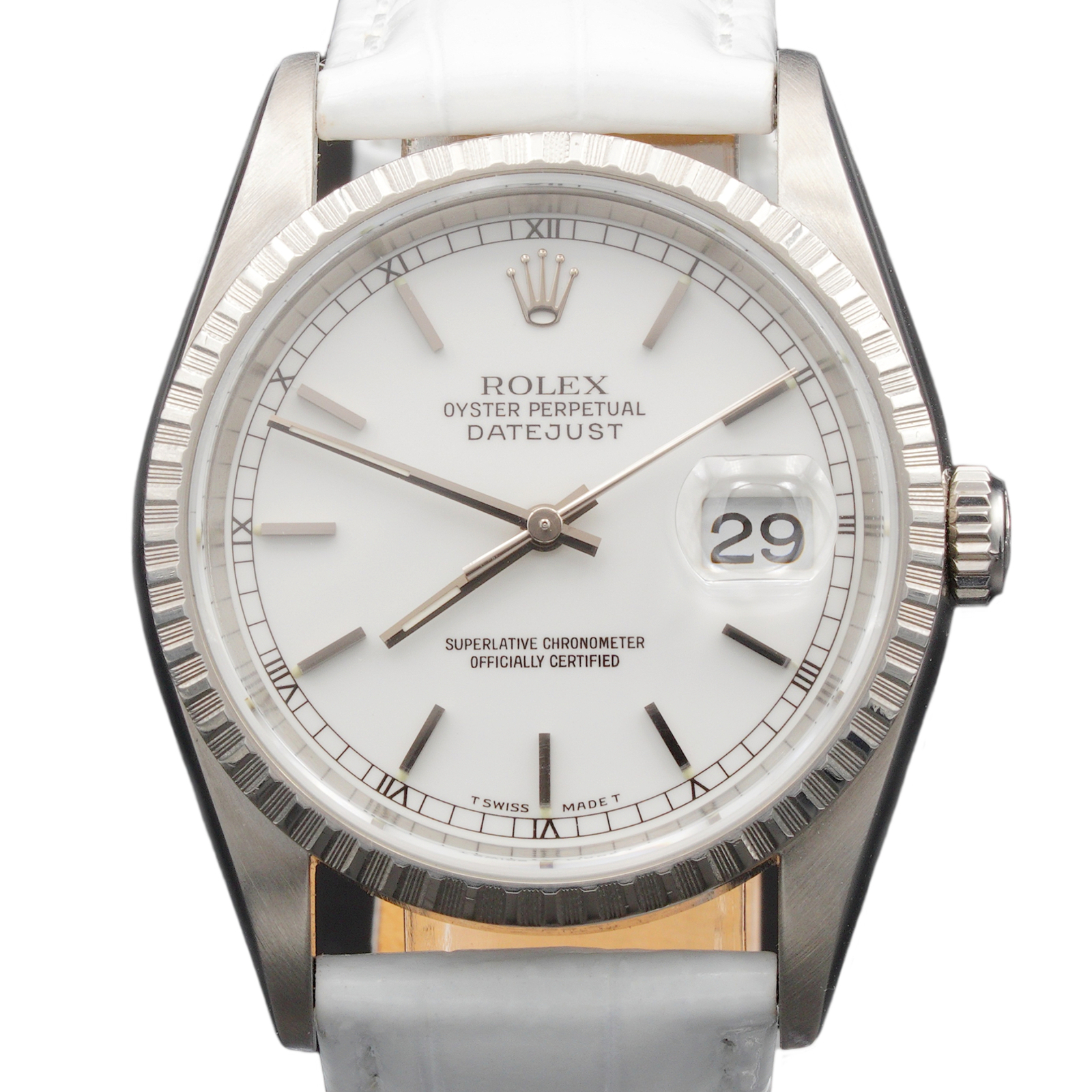 Mens Rolex Stainless Steel Datejust Watch Model 16220 White Dial White Band