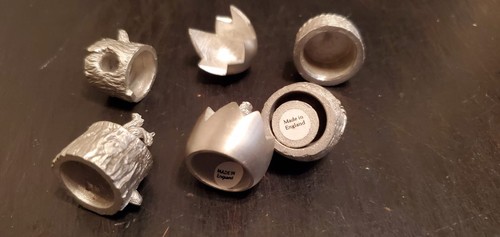 3 Vintage 2pc Thimbles Pewter Chick in Egg, Snake in Basket, Bird in Tree Nice - Picture 3 of 4