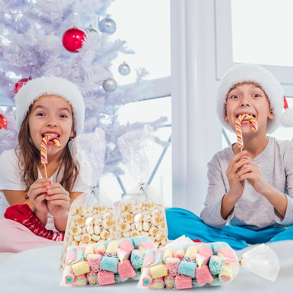 Bolsas de celofán 200 piezas bolsas de golosinas de Navidad 5X11 con corbatas bolsas de regalos blancas Sno Foto 3 de 4