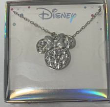 DISNEY Minnie Mouse Rhinestone Embellished Pendant Necklace Silver Tone NEW