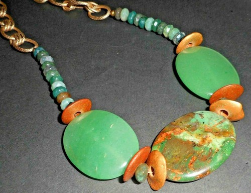Artisan Jade Wide Flat Oval/Faceted Wood Beaded Statement Necklace Textured