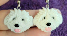  Dog Sheep White Bushy Hair Puppy Pup Drop Dangle Hook Earrings - Perfect Gift 