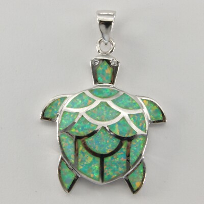 Green - FIRE OPAL Turtle / Tortoise Pendant 925 STERLING SILVER w/ Rhodium #309e