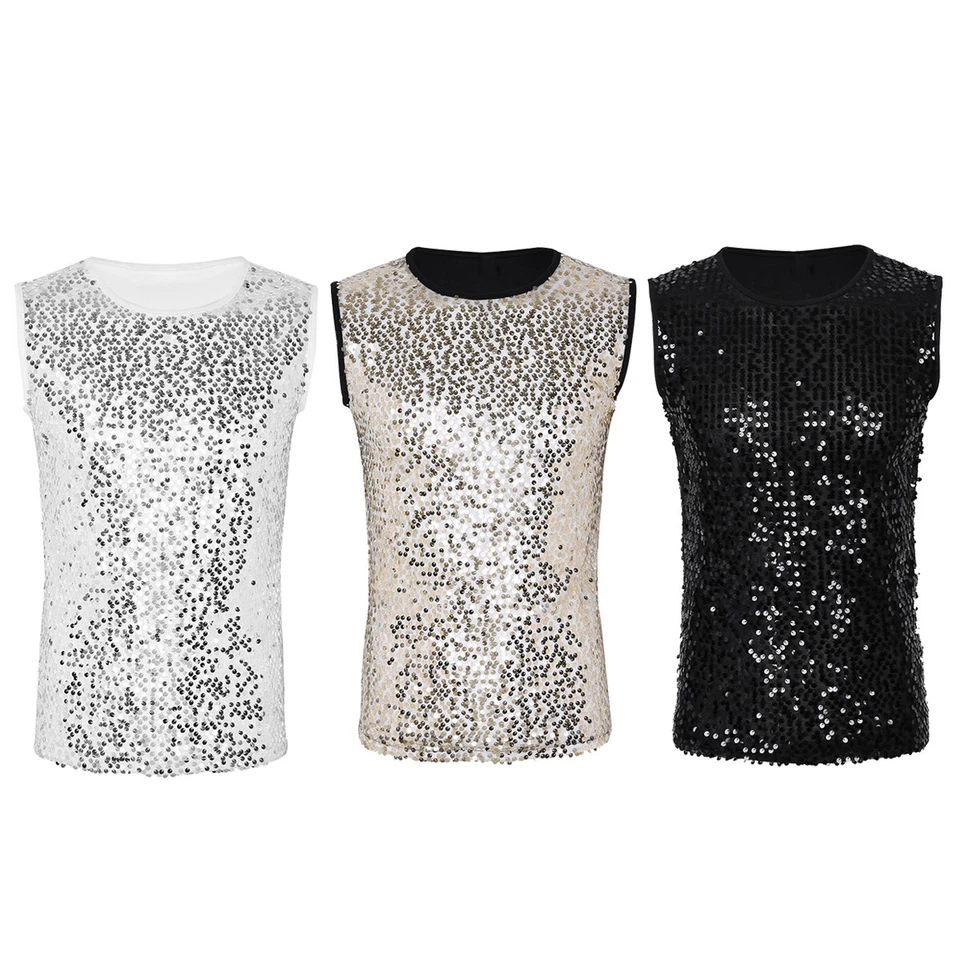 Mens T-shirts Slim Fitted Tank Top Crew Neck Vest Sequin Tee Fashion Clubwear - Image 4 of 4