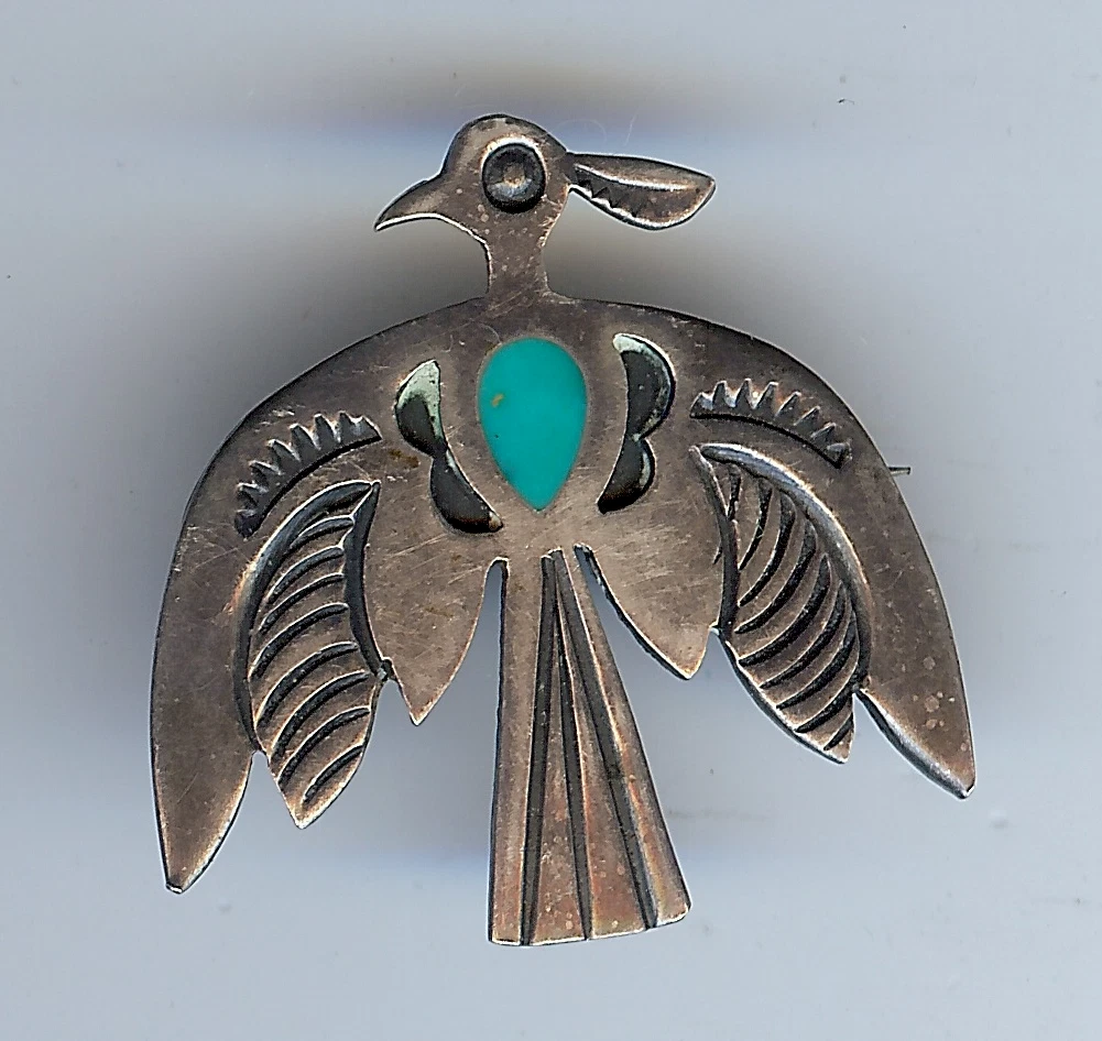 VINTAGE ZUNI NATIVE AMERICAN INDIAN SILVER TURQUOISE PEYOTE BIRD