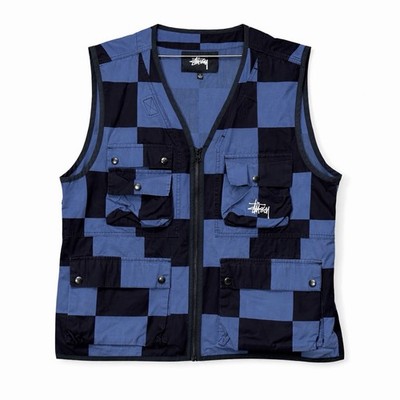 Stussy Utility Vest Large Blue Black Check Zip Tactical Streetwear