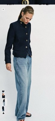 ZARA WOMAN GOLD BUTTON FITTED BLAZER JACKET NAVY BLUE XS