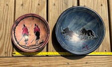 Pair Of Two Smooth SoapStone Bowls - Animal And People Etched Design