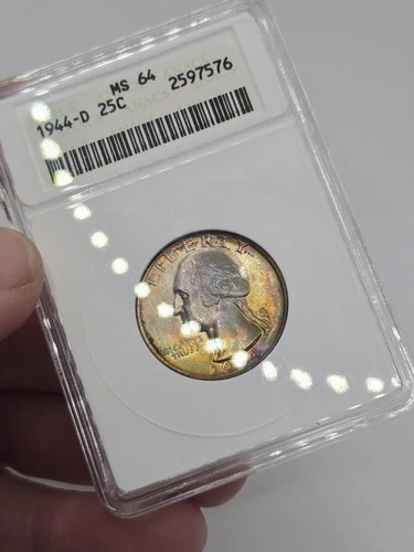 1944 Washington Quarter 25c ANACS Soapbox MS64 ☆ Rainbow Toned Dual  Sided