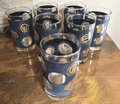 Vtg Libbey Gold Coin Highball Glasses Set of 7 Black Texture MCM 5.25'' Ship CA